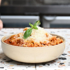 a bowl of pasta, mafalde with spicy arrabbiatta sauce from allegria
